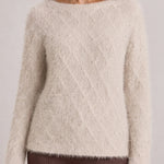 Liverpool boatneck fuzzy sweater with shimmer details in light cream metallic colorway