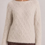 Liverpool boatneck fuzzy sweater with shimmer details in light cream metallic colorway
