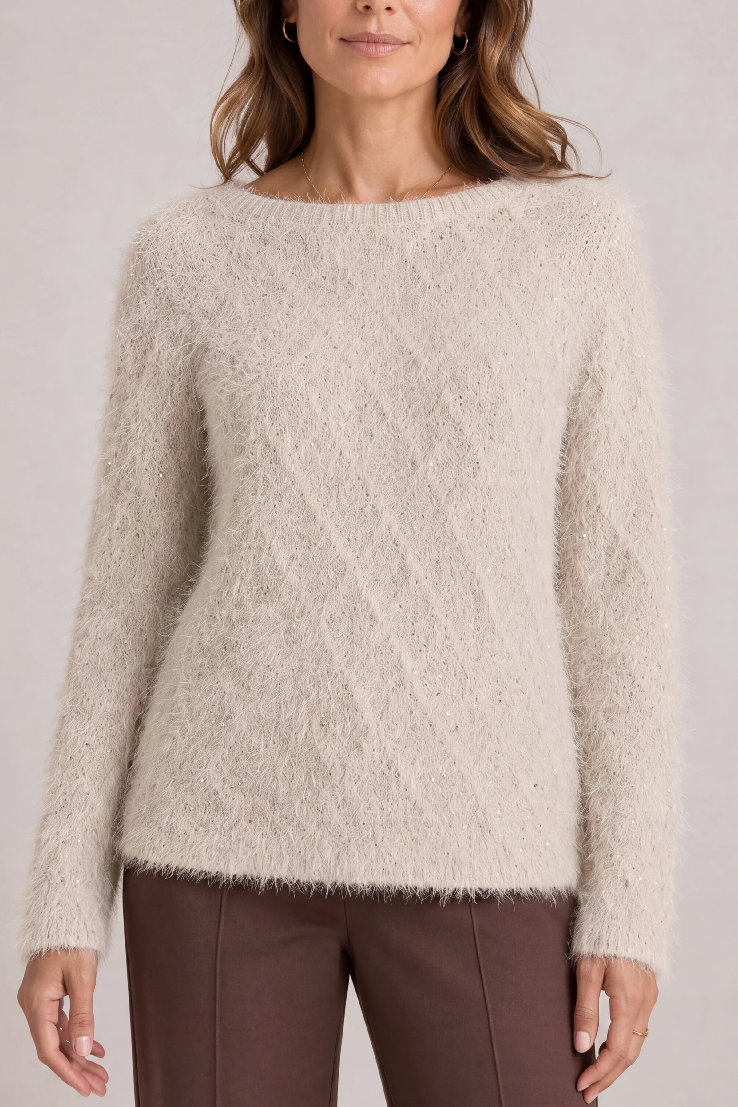 Liverpool boatneck fuzzy sweater with shimmer details in light cream metallic colorway