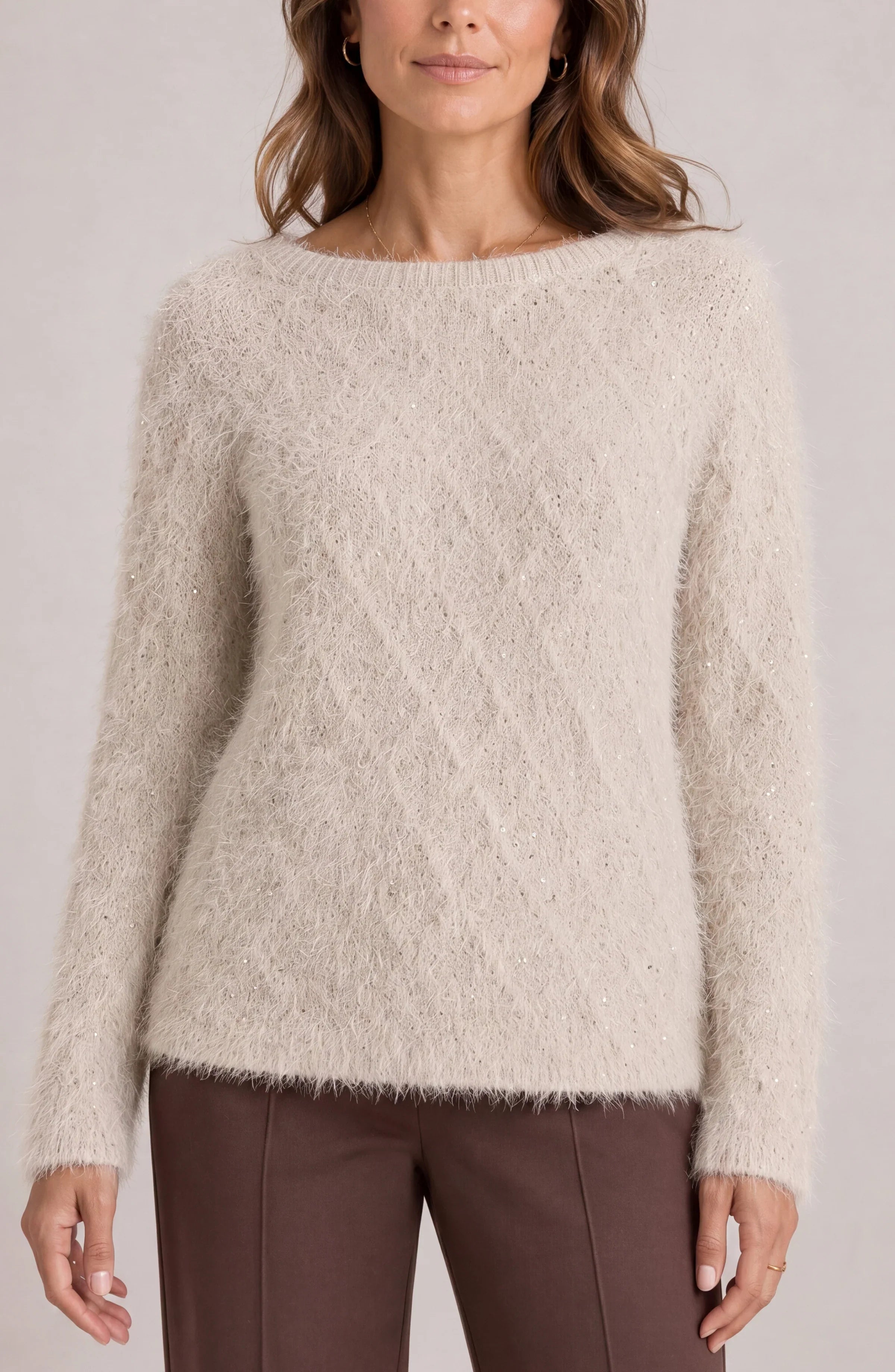 Liverpool boatneck fuzzy sweater with shimmer details in light cream metallic colorway
