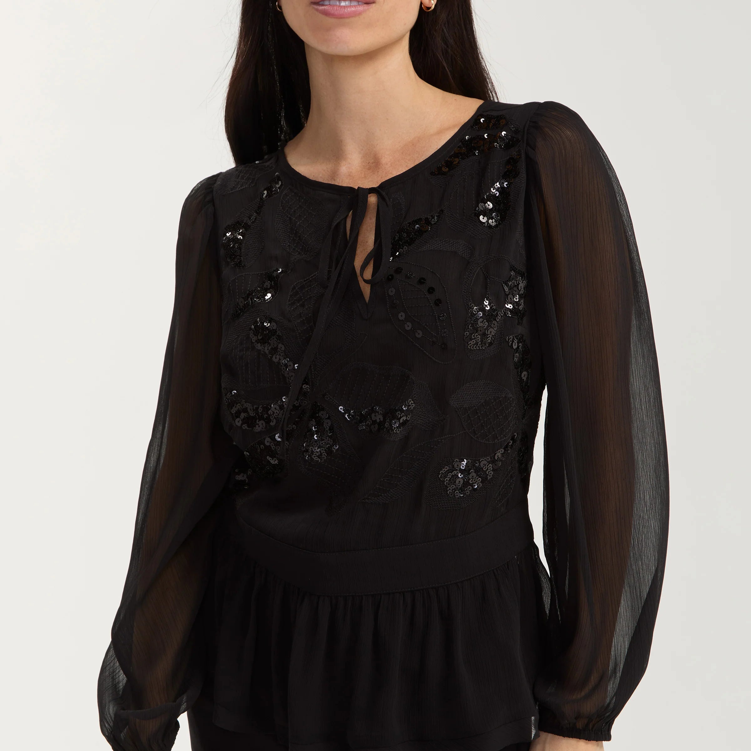 Liverpool Long Sleeve Chiffon Sequin Embellished Blouse in black at ooh la la! in Grapevine TX 76051