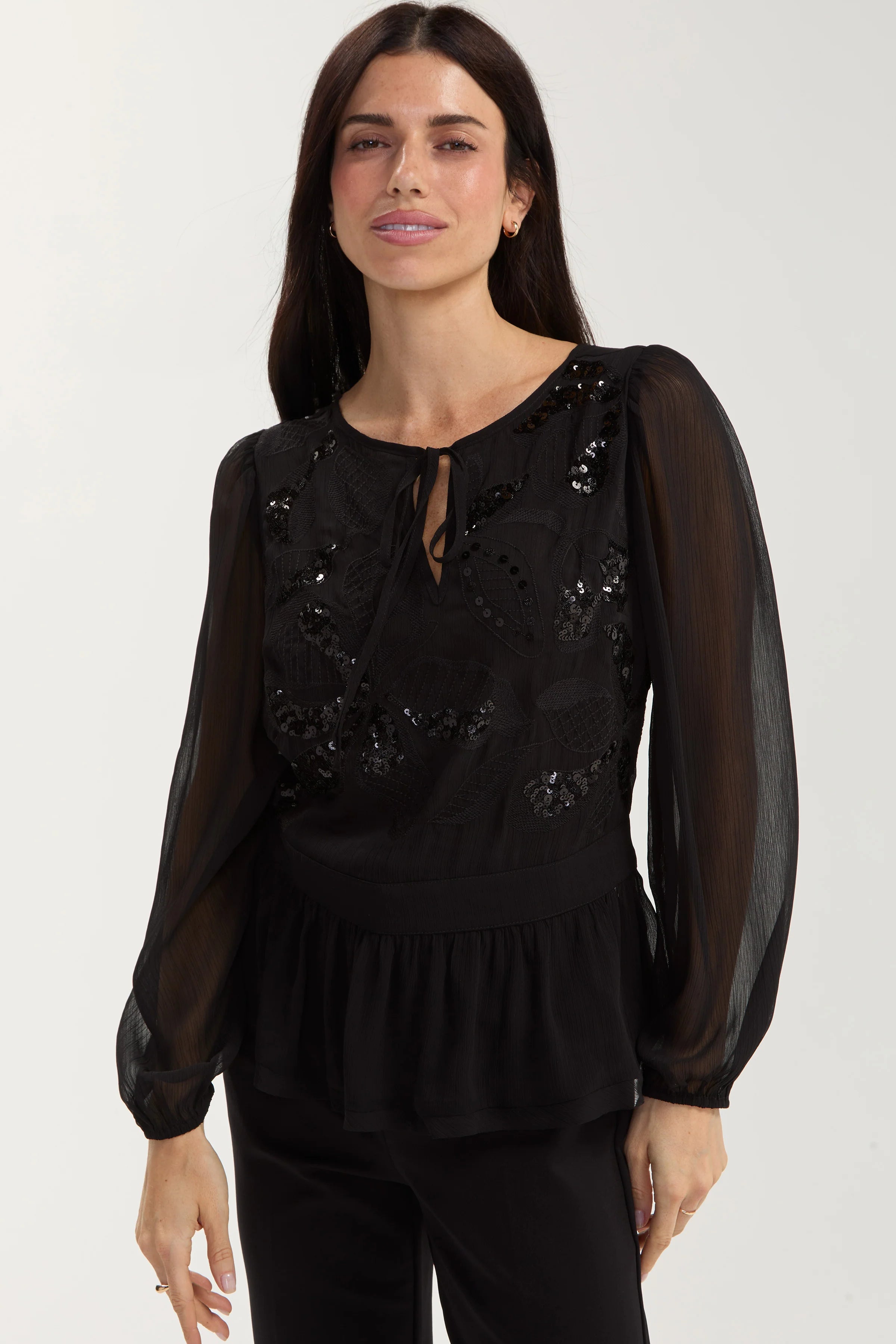 Liverpool Long Sleeve Chiffon Sequin Embellished Blouse in black at ooh la la! in Grapevine TX 76051