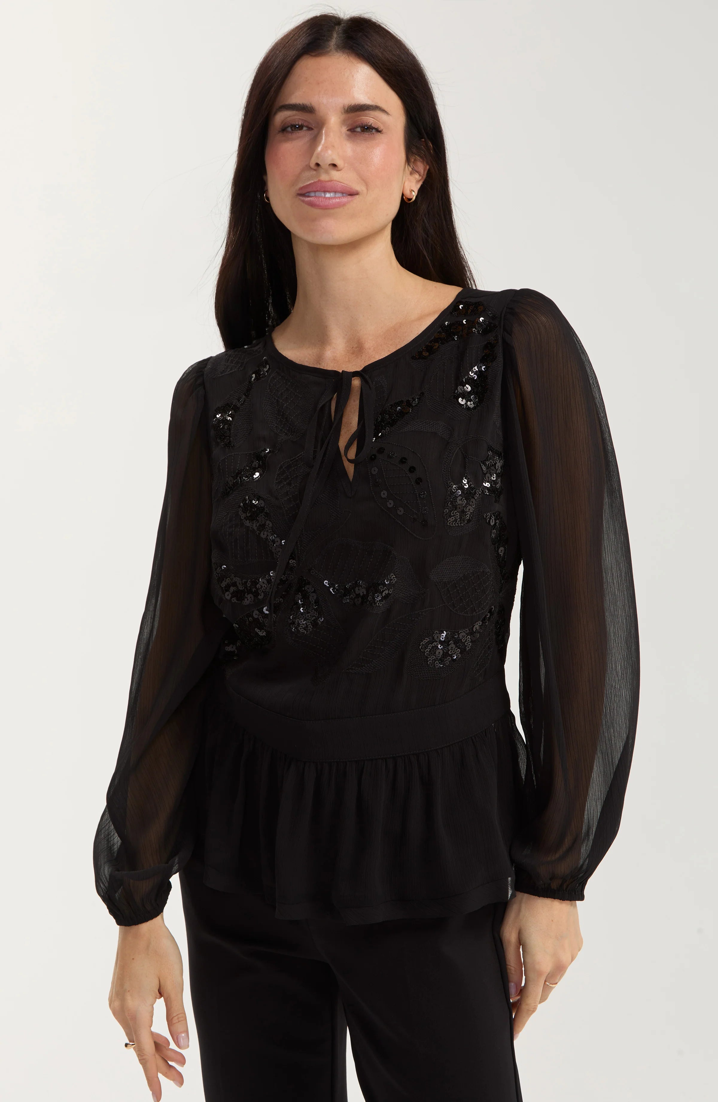 Liverpool Long Sleeve Chiffon Sequin Embellished Blouse in black at ooh la la! in Grapevine TX 76051