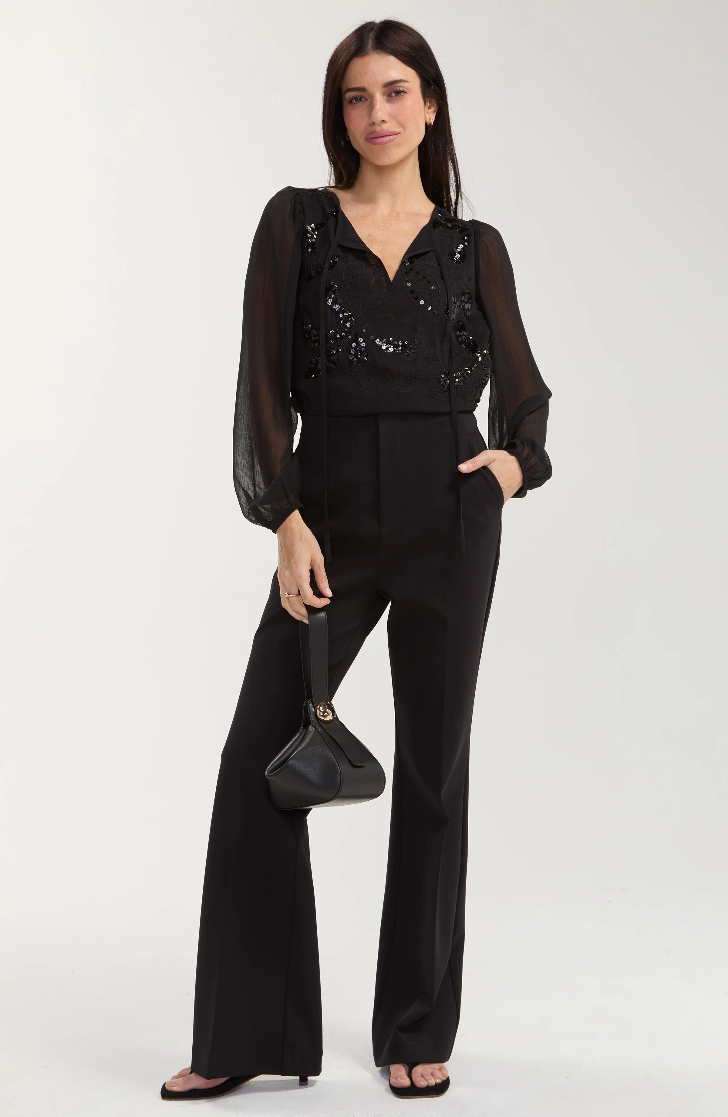 Liverpool Long Sleeve Chiffon Sequin Embellished Blouse in black at ooh la la! in Grapevine TX 76051