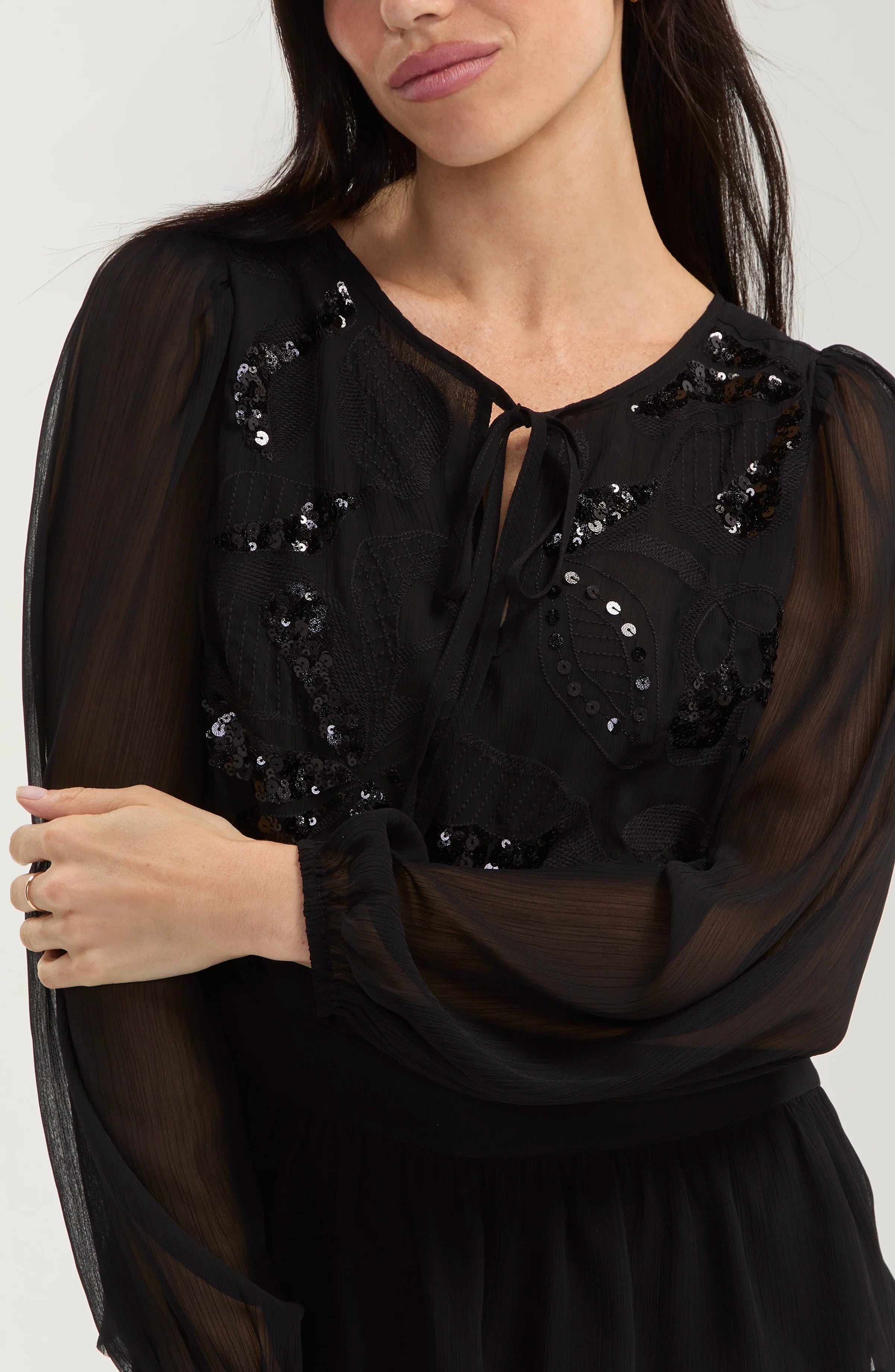 Liverpool Long Sleeve Chiffon Sequin Embellished Blouse in black at ooh la la! in Grapevine TX 76051