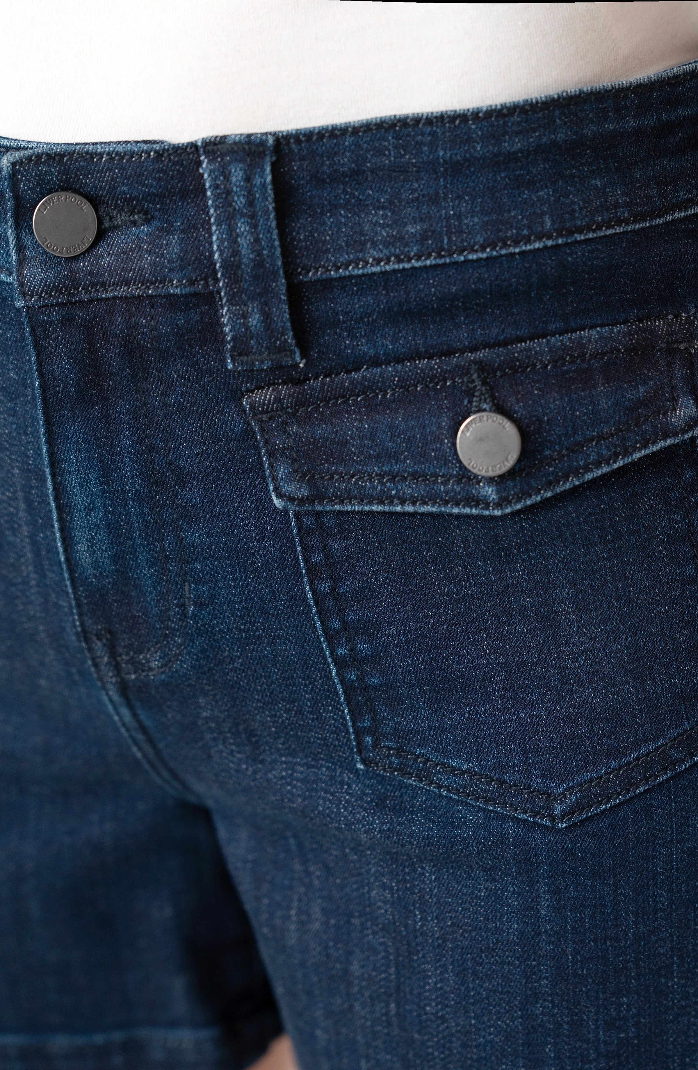 Liverpool Vintage Short, Flap Front Pockets, Liverpool Brand, Casual Wear, Comfortable Shorts, Dark Denim Shorts at ooh la la! in Grapevine TX 76051