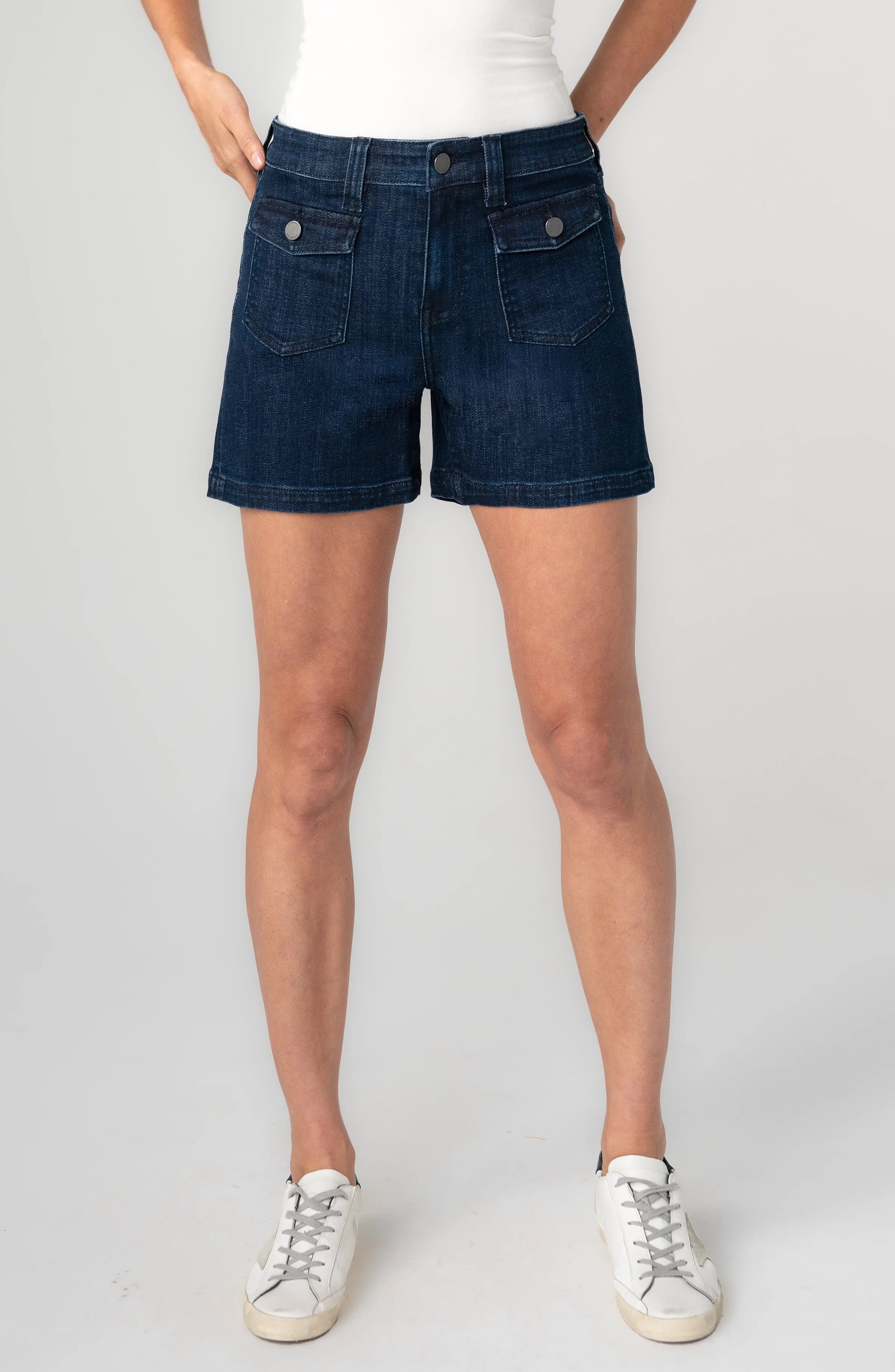 Liverpool Vintage Short, Flap Front Pockets, Liverpool Brand, Casual Wear, Comfortable Shorts, Dark Denim Shorts at ooh la la! in Grapevine TX 76051