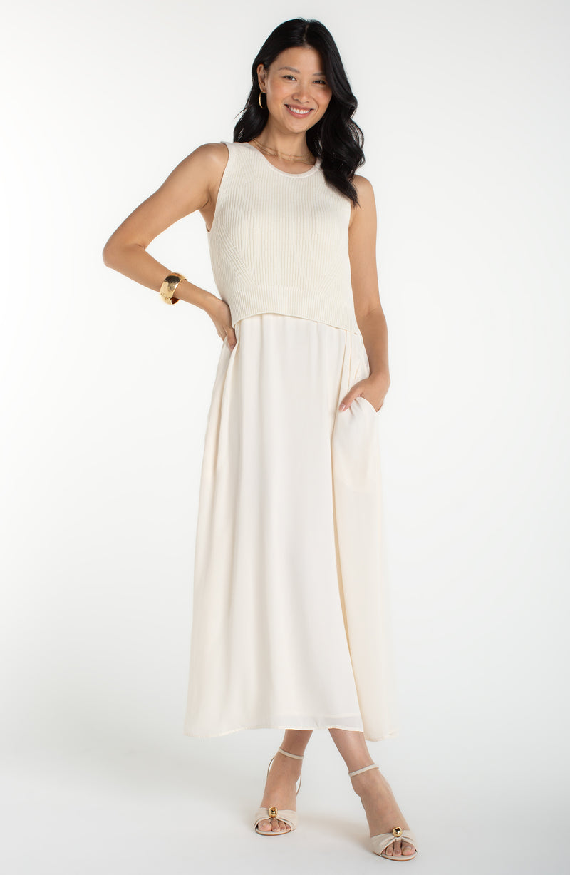 Liverpool Sleeveless Tie Back Sweater Woven Dress at Ooh La La! in Grapevine TX 76051