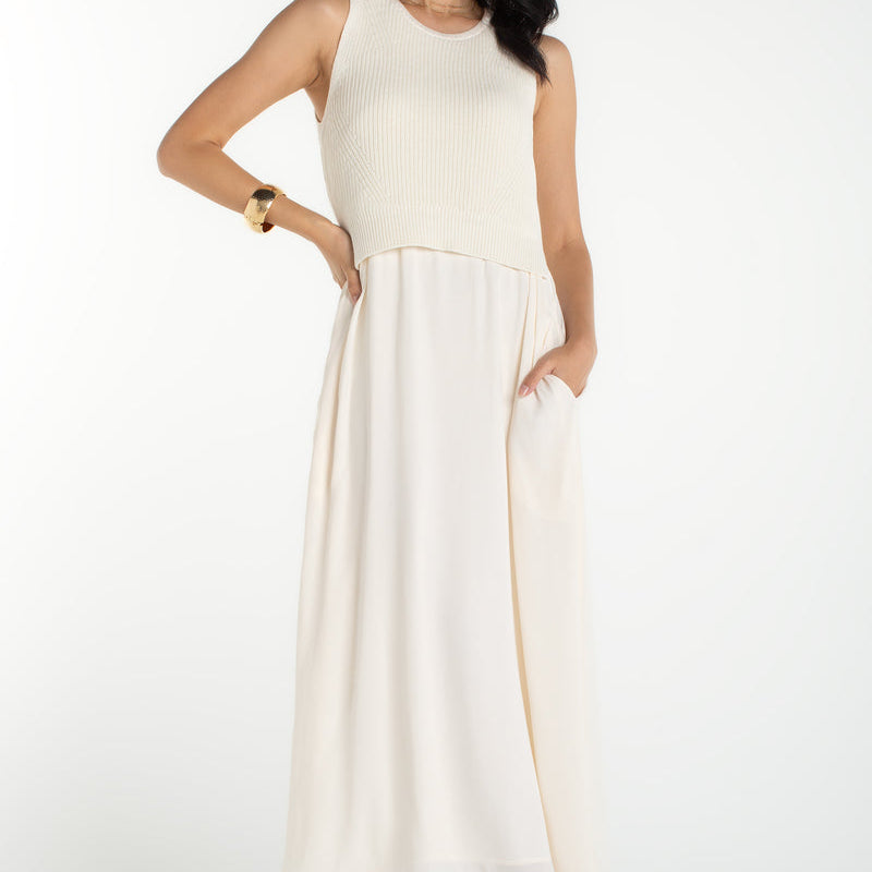 Liverpool Sleeveless Tie Back Sweater Woven Dress in cream at Ooh La La! in Grapevine TX 76051