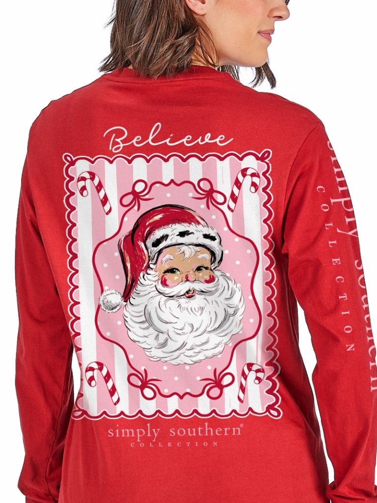 Simply Southern red long sleeve tee with vintage Santa Claus Believe graphic on back