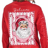 Simply Southern red long sleeve tee with vintage Santa Claus Believe graphic on back