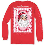 Simply Southern red long sleeve tee with vintage Santa Claus Believe graphic design