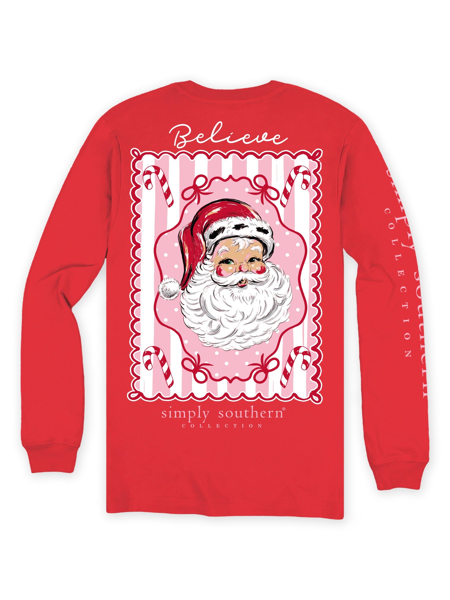 Simply Southern red long sleeve tee with vintage Santa Claus Believe graphic design