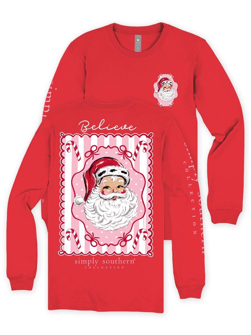 Simply Southern Believe Vintage Santa red long sleeve tee, front and back view