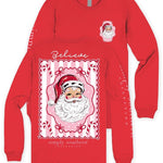 Simply Southern Believe Vintage Santa red long sleeve tee, front and back view
