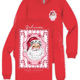 Simply Southern Believe Vintage Santa red long sleeve tee, front and back view
