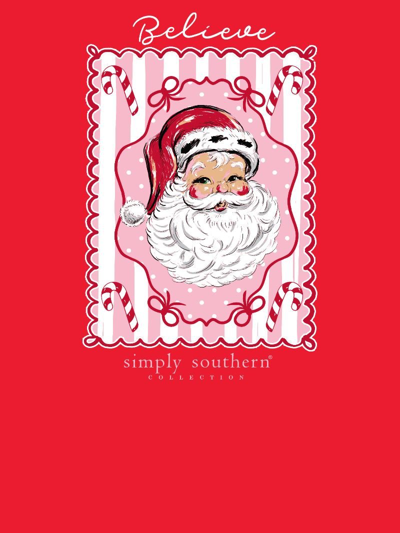 Simply Southern Believe Vintage Santa Long Sleeve Tee in red with retro Santa graphic