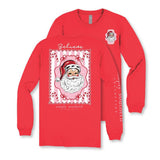 Simply Southern Believe Vintage Santa red long sleeve tee, front and back views