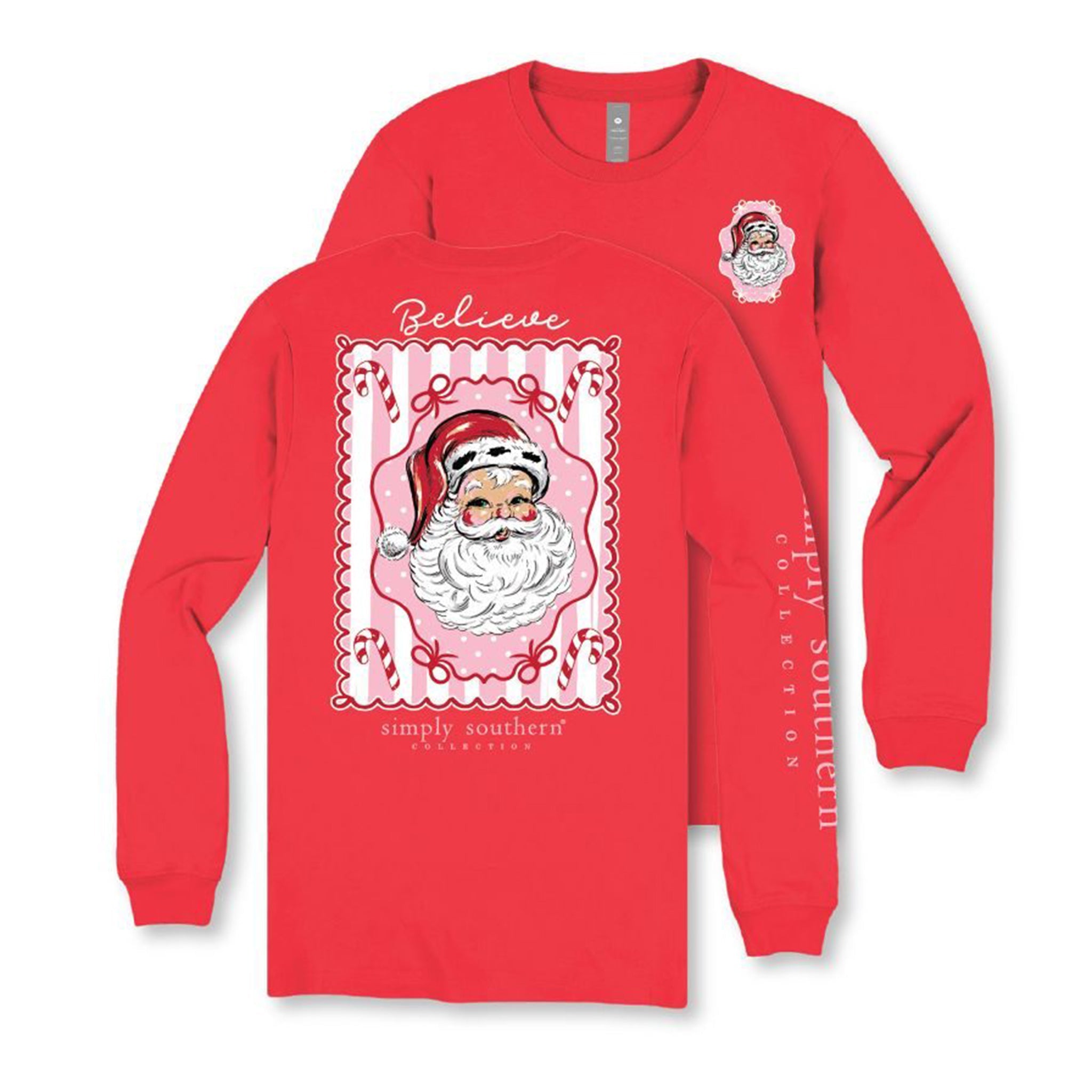 Simply Southern Believe Vintage Santa red long sleeve tee, front and back views