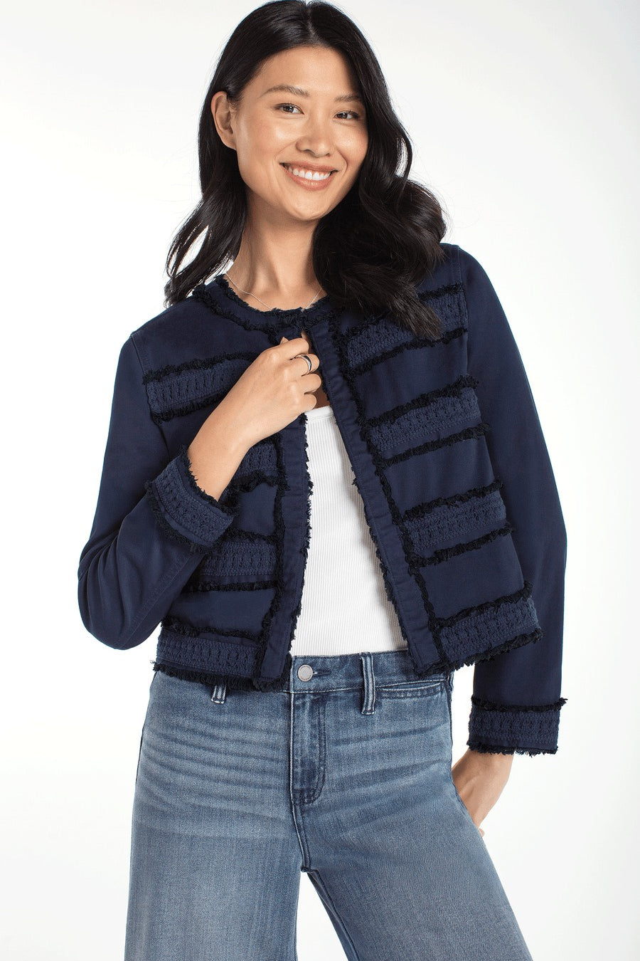 Liverpool Collarless Denim Jacket with Fray & Lace at Ooh La La! in Grapevine TX 76051