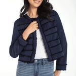 Liverpool Collarless Denim Jacket with Fray & Lace at Ooh La La! in Grapevine TX 76051