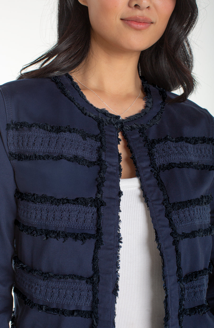 Liverpool Collarless Denim Jacket with Fray & Lace at Ooh La La! in Grapevine TX 76051