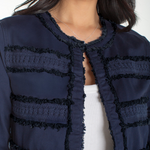 Liverpool Collarless Denim Jacket with Fray & Lace at Ooh La La! in Grapevine TX 76051