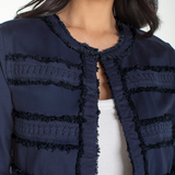 Liverpool Collarless Denim Jacket with Fray & Lace at Ooh La La! in Grapevine TX 76051