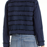 Liverpool Collarless Denim Jacket with Fray & Lace at Ooh La La! in Grapevine TX 76051