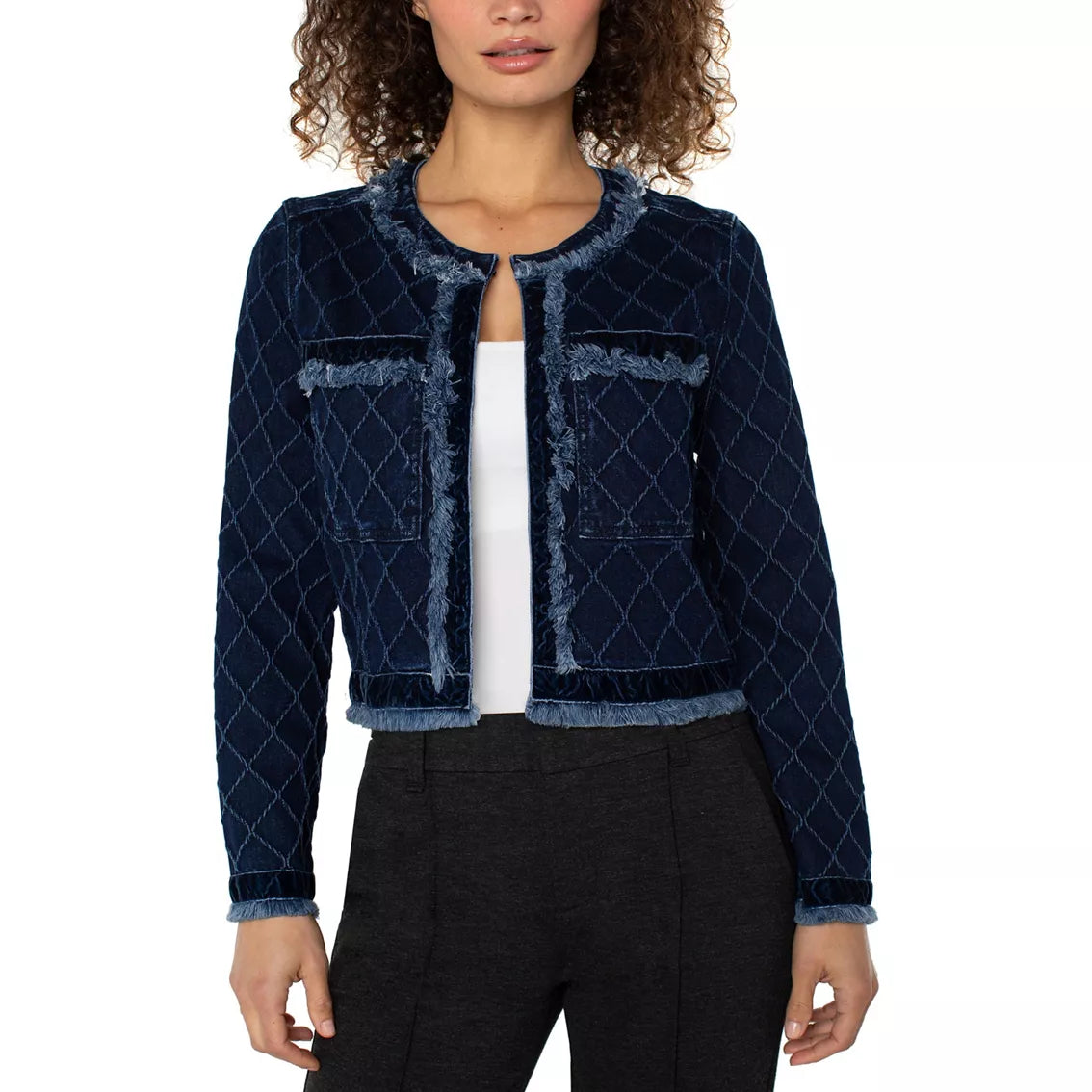 Liverpool Fray Edge Denim Jacket with Velvet Trim at ooh la la! in Grapevine TX 76051