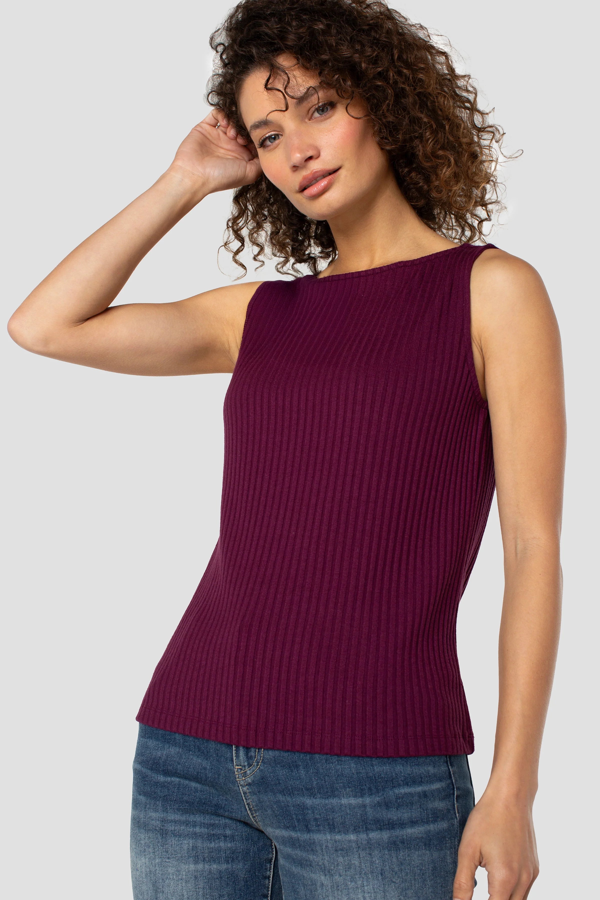 Liverpool Sleeveless High Boatneck Knit Top in wine berry at ooh la la! in Grapevine TX 76051