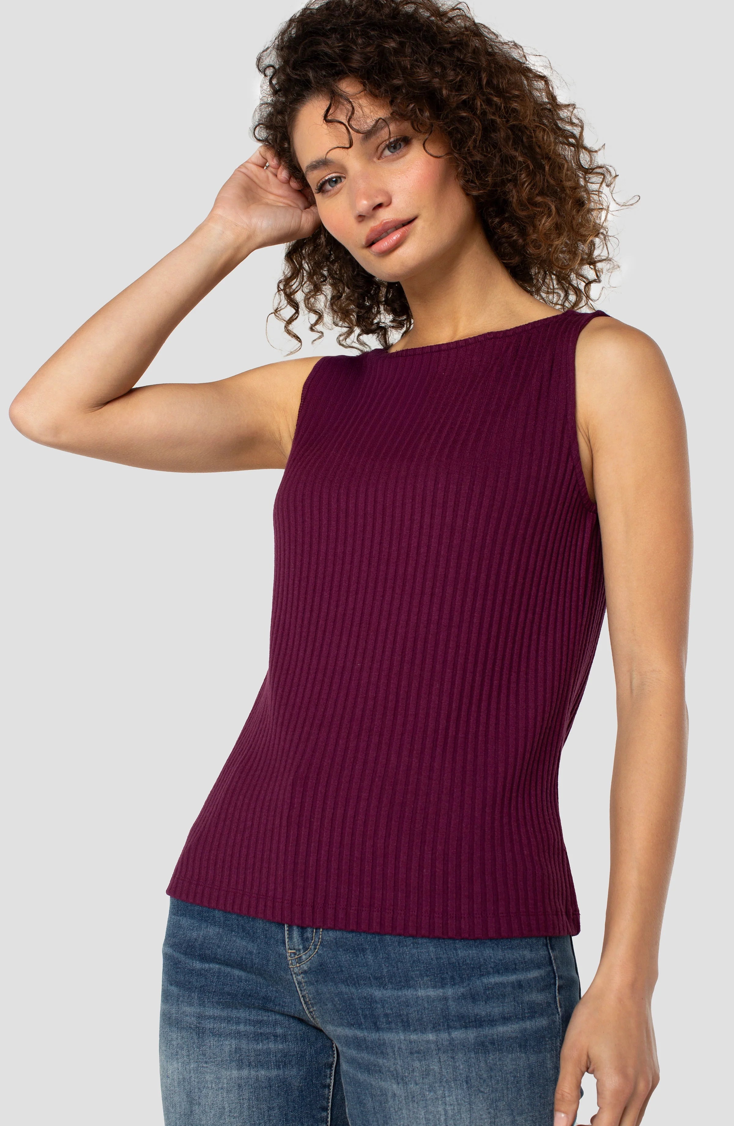 Liverpool Sleeveless High Boatneck Knit Top in wine berry at ooh la la! in Grapevine TX 76051