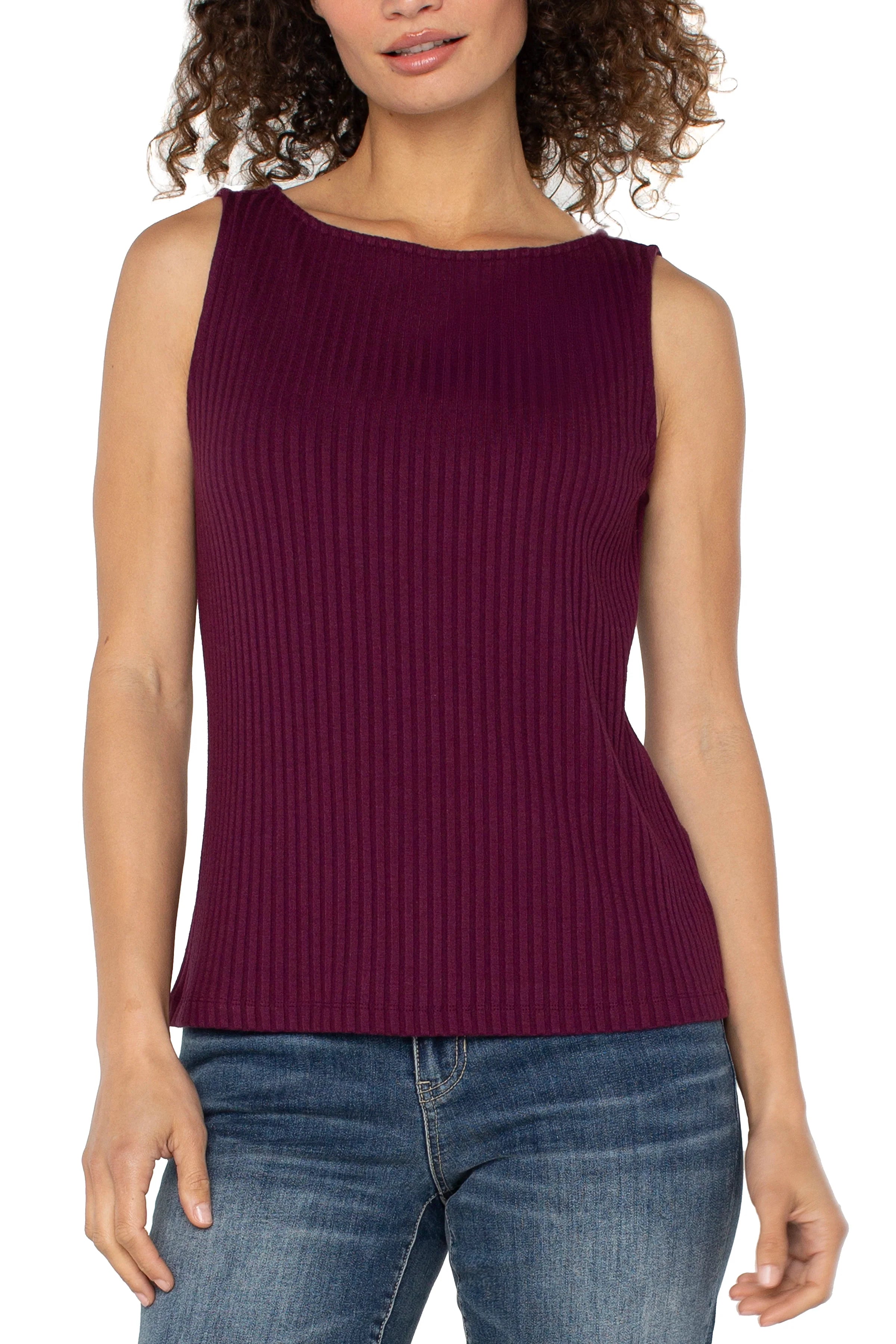 Liverpool Sleeveless High Boatneck Knit Top in wine berry at ooh la la! in Grapevine TX 76051