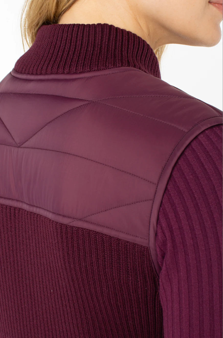 Liverpool Sleeveless Quilted Front Full Zip Sweater Vest in wine berry at ooh la la! in Grapevine TX 76051