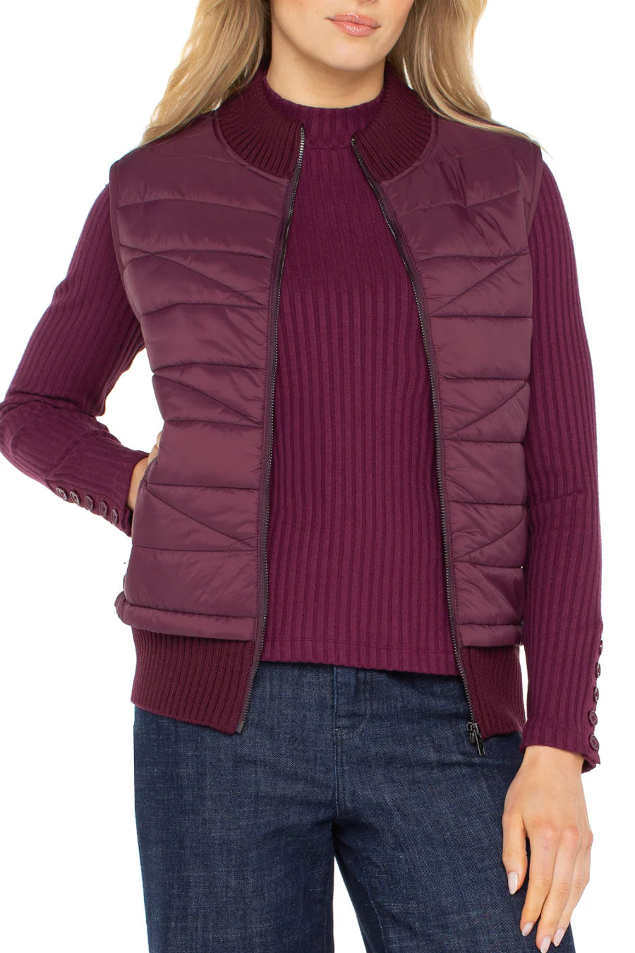 Liverpool Sleeveless Quilted Front Full Zip Sweater Vest in wine berry at ooh la la! in Grapevine TX 76051