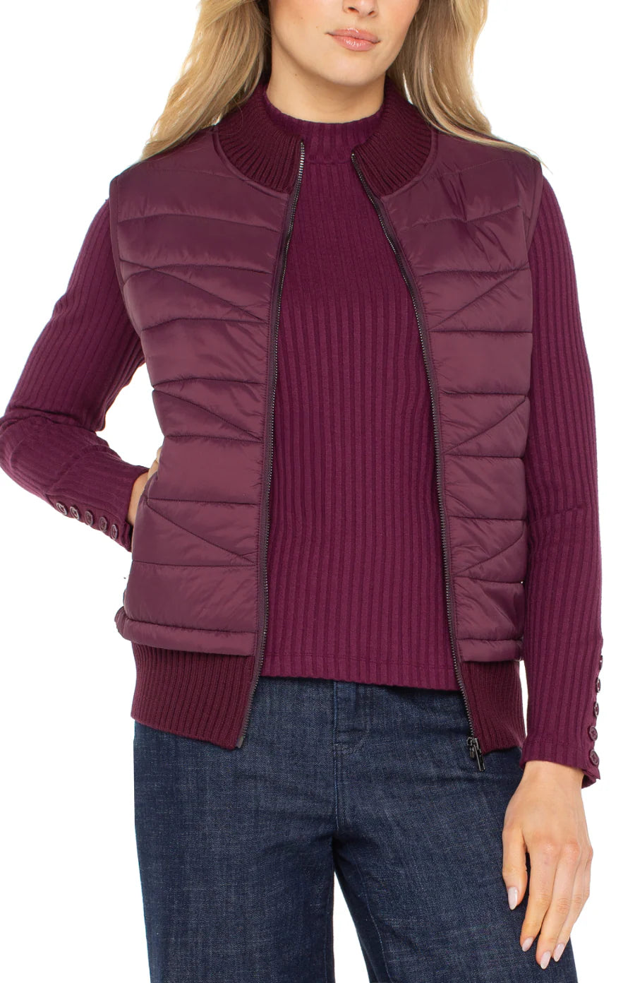 Liverpool Sleeveless Quilted Front Full Zip Sweater Vest in wine berry at ooh la la! in Grapevine TX 76051