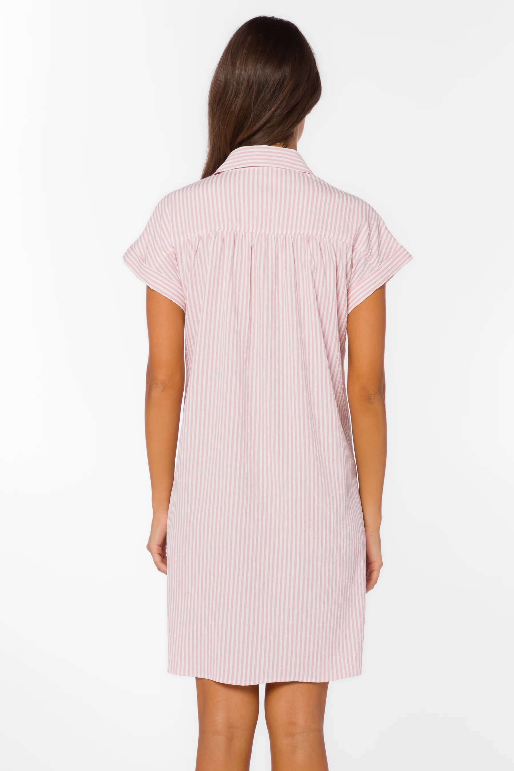 Pink stripe dress, seersucker cotton dress, babydoll mini dress, button up dress, summer shirtdress, women's dress with pockets, breathable cotton mini, Merilee dress. at ooh la la! in Grapevine TX 76051