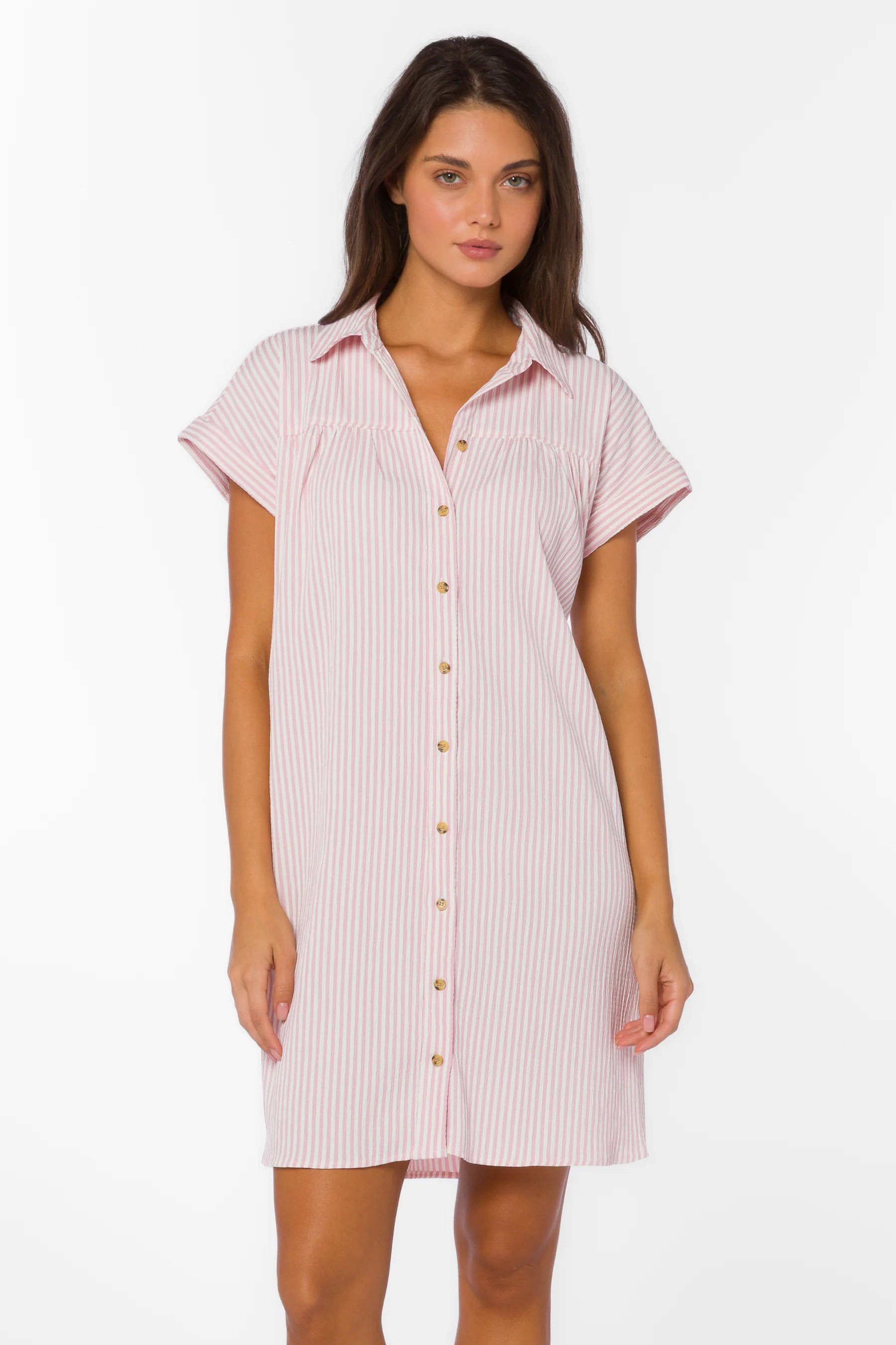 Pink stripe dress, seersucker cotton dress, babydoll mini dress, button up dress, summer shirtdress, women's dress with pockets, breathable cotton mini, Merilee dress. at ooh la la! in Grapevine TX 76051