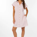 Pink stripe dress, seersucker cotton dress, babydoll mini dress, button up dress, summer shirtdress, women's dress with pockets, breathable cotton mini, Merilee dress. at ooh la la! in Grapevine TX 76051