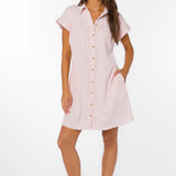 Pink stripe dress, seersucker cotton dress, babydoll mini dress, button up dress, summer shirtdress, women's dress with pockets, breathable cotton mini, Merilee dress. at ooh la la! in Grapevine TX 76051