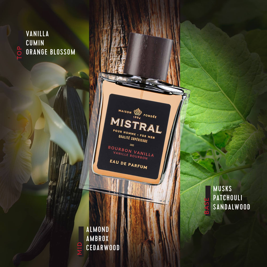 Mistral Bourbon Vanilla, Men's Eau de Parfum, French cologne for men, luxury men’s fragrance, long-lasting vanilla scent, Grasse perfume, masculine woodsy perfume. at ooh la la! in Grapevine TX 76051