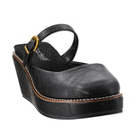 Corky's Me Time black leather wedge platform clog with ankle strap and gold buckle