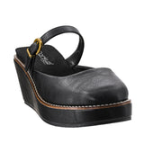 Corky's Me Time black leather wedge platform clog with ankle strap and gold buckle