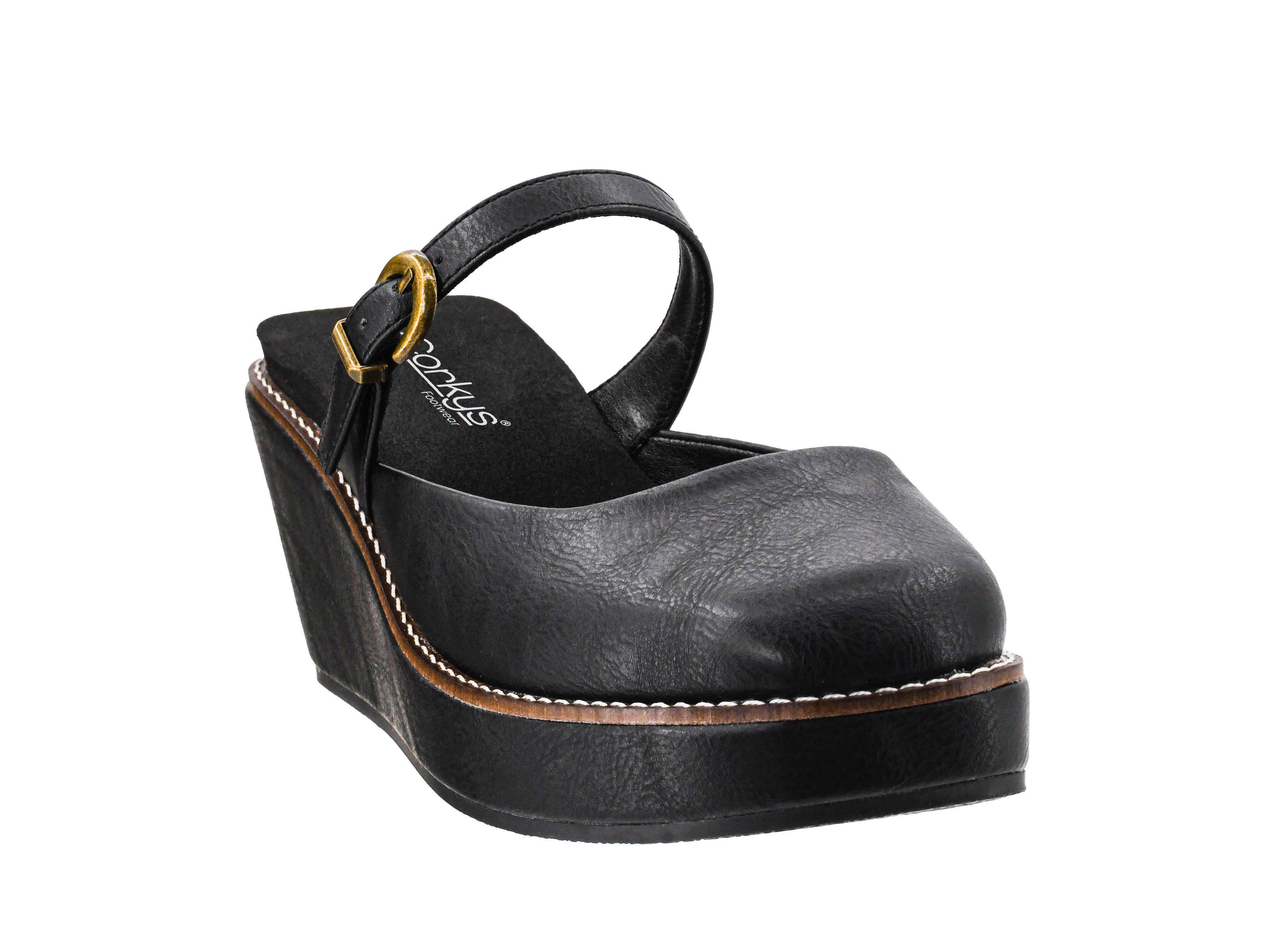 Corky's Me Time black leather wedge platform clog with ankle strap and gold buckle
