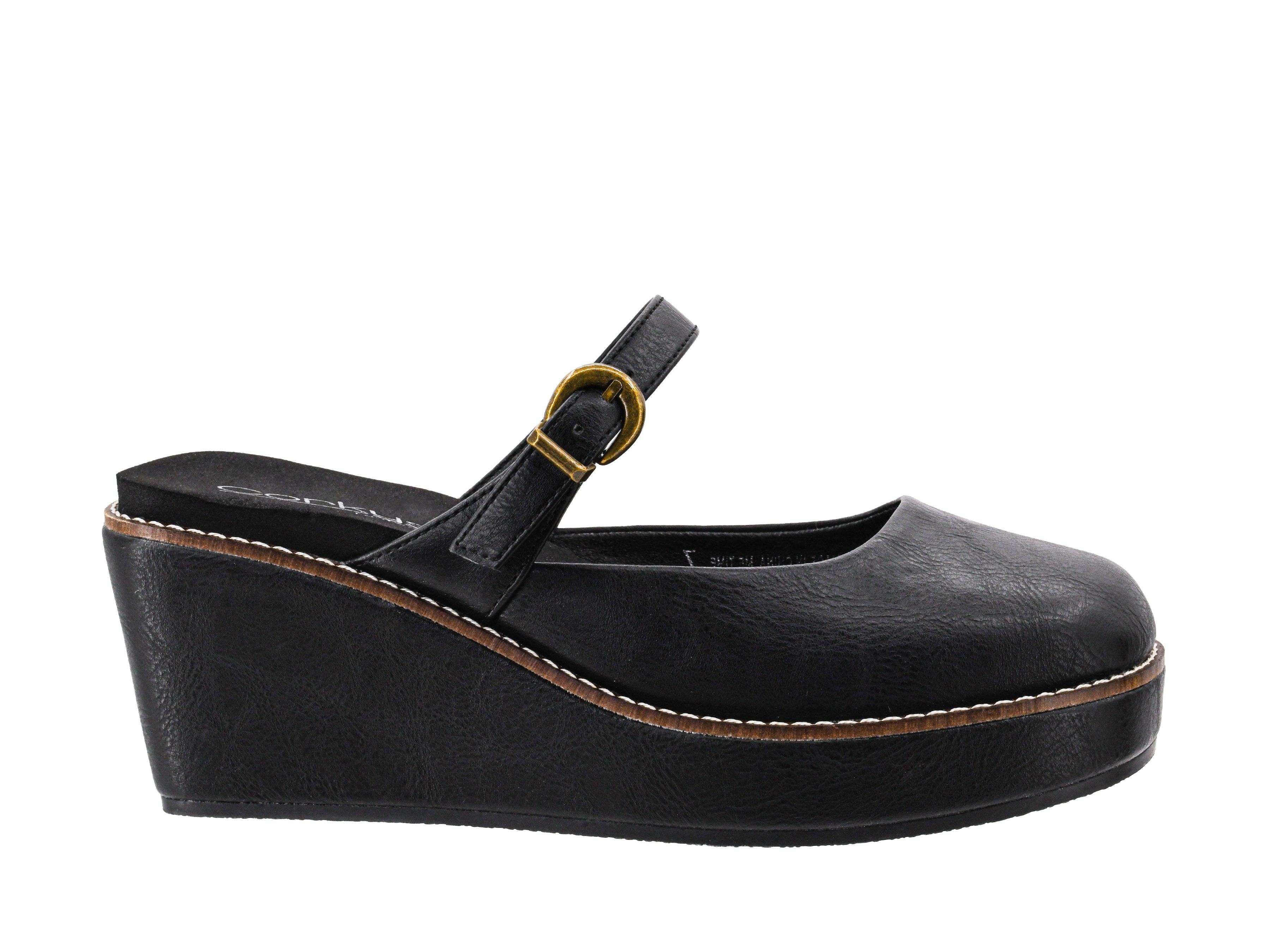 Corky's Me Time black wedge platform Mary Jane shoe with gold buckle