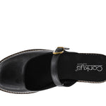 Corky's Me Time black leather clog sandal with gold buckle strap, top view