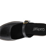Corky's Me Time black leather clog sandal with gold buckle strap, top view