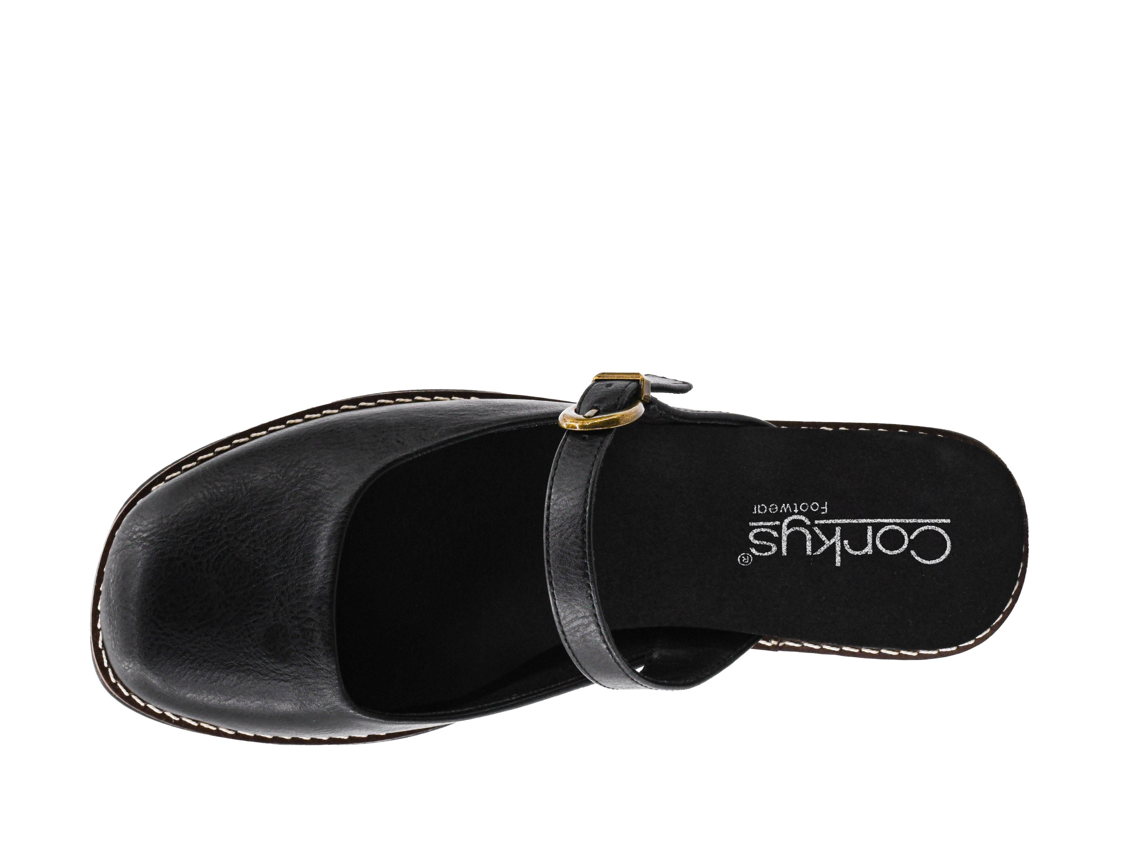 Corky's Me Time black leather clog sandal with gold buckle strap, top view