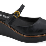 Corky's Me Time black wedge clog with gold buckle strap and platform sole