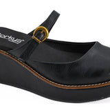 Corky's Me Time black wedge clog with gold buckle strap and platform sole